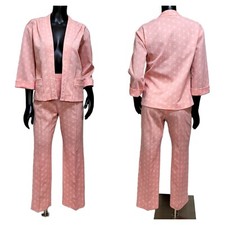 Vintage 60s Pink Floral Womens S Polyester Leisure Suit Pant  Open Front Top