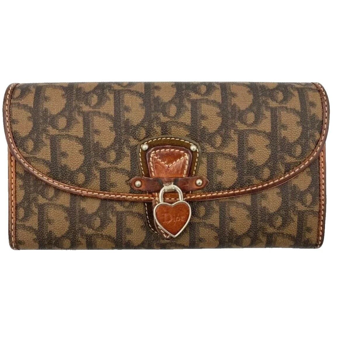 Authentique portefeuille long DIOR trotteur romantique marron PVC cuir charme coeur