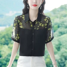 Women's Printed Button Down Shirt Summer Short Sleeve Ladies Chiffon Blouse Tops