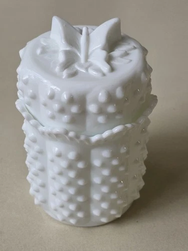 Vintage Fenton Milk Glass Hobnail Candy Box With Butterfly Cover. Dish