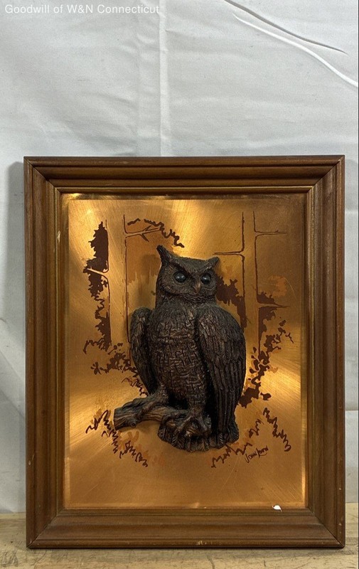 John Louw Mixed Media Owl Wall Art Sculpture 16x13 Mid-Century Modern Signed