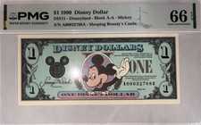 1990 Mickey Mouse $1 Disney Dollar Sleeping Beauty's Castle PMG Certified 66 EPQ