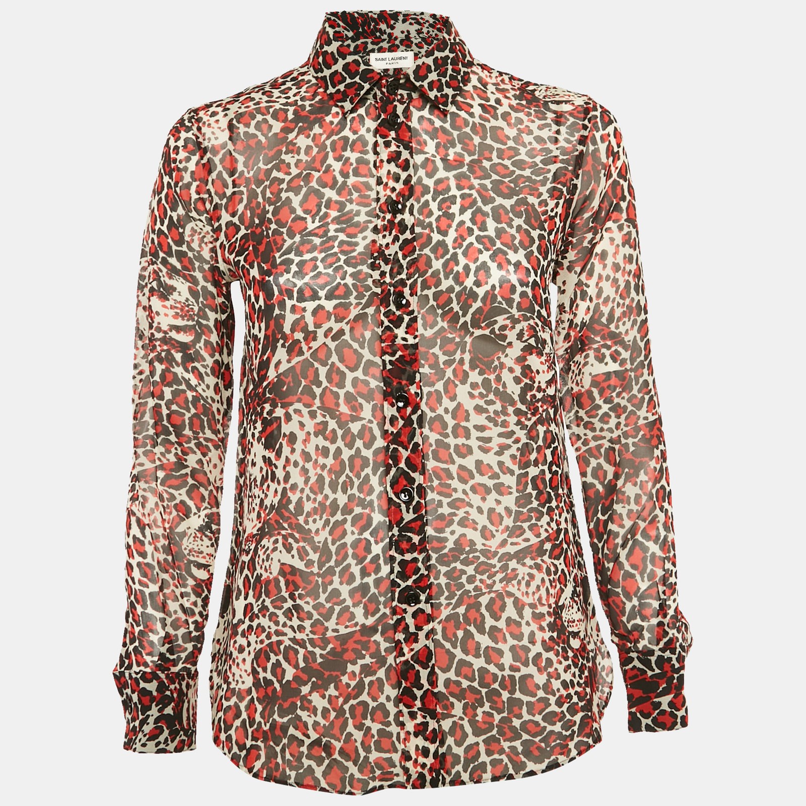 Camicia Saint Laurent rossa stampa leopardata seta trasparente S