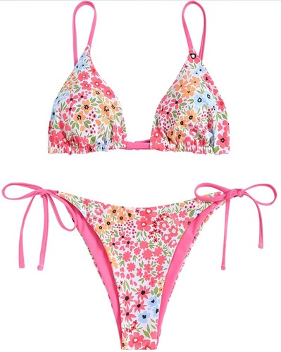 NWT ZAFUL Coral Pink Floral Triangle String Bikini Two Piece Swimsuit Set Women’ - Picture 2 of 10