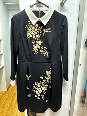 Ted Baker Black/White Fit & Flare Collared Floral Embroidered Dress sz 4