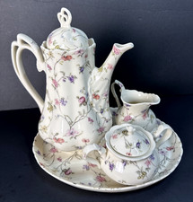 Victorian Floral Porcelain Tea Set 4 Pc Coffee Pot Creamer Sugar Bowl Tray VTG