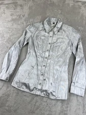 Vintage 90s Thierry Mugler Trademark Shirt Womens Small Silver Metallic Fitted