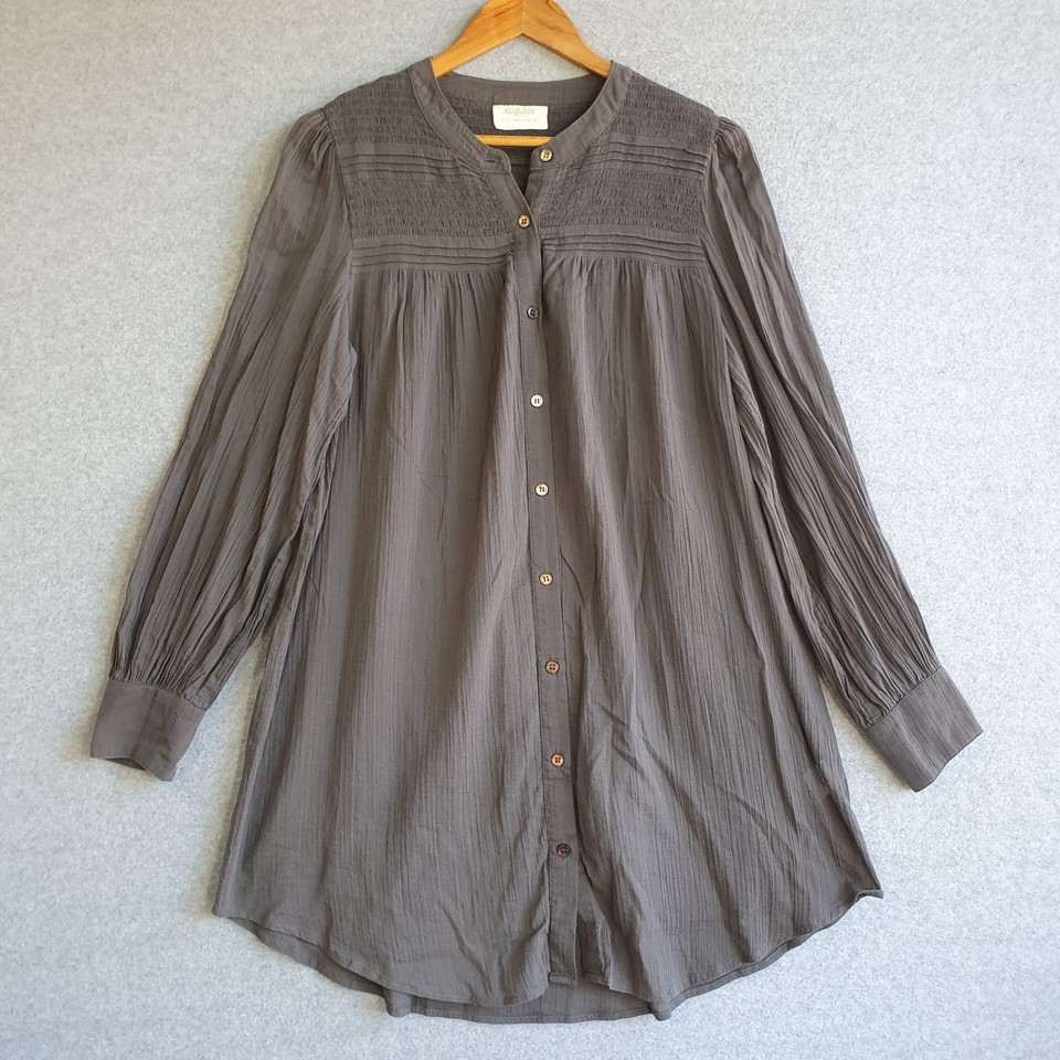 Auguste Tunic Mini Shirt Dress Sz 10 Grey Pleated Light Organic Cotton Coastal