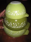 Set 3 Vintage Pyrex Glass Green Crazy Daisy Cinderella Mixing Nesting Bowls