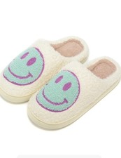 Retro Womens Fuzzy Smiley Face Slip On Slippers Anti Skid Memory Foam Sz 7.5