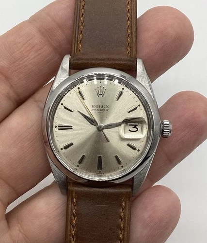 ROLEX OYSTERDATE 6694 MECHANICAL WRISTWATCH STAINLESS STEEL 17J LEATHER c1954