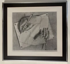 Vintage M.C. Escher “Drawing Hands” Framed Matted Print