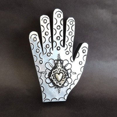 Healing Hand Sacred Heart Milagro Silver Embossed Tin Wood Mexican Folk Art 5H