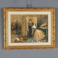 Dipinto Antico Firmato Pietro Michis Scena d'Interno con Figure '800 Originale