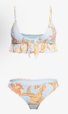 ROXY Floral Ruffle Bralette Bikini Set Blue Brown Orange S Two Piece Swimwear