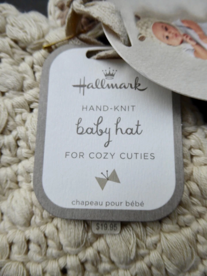 Hallmark ручной вязки Baby Beanie/шляпа ~ бежевый с медвежьими ушами ~ кисточки галстуки ~ новый с Ярлыками ~ 0-12 mos - Изображение 3 из 4