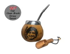Argentina Mate Gourd Hand Made Natural Tea Cup  Straw  BONUS Spoon Maradona #10