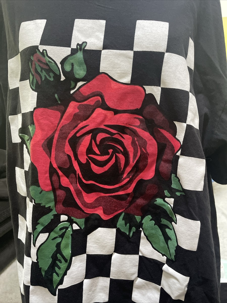 Rose Checker Board Flower Graphic Black T Shirt Size 2 XL | eBay