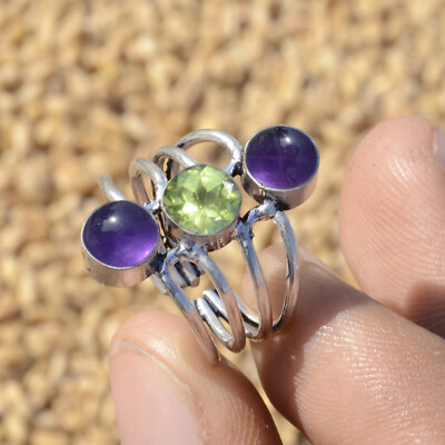 Purple Amethyst, Peridot Gemstone Ring 925 Sterling Silver Jewelry Loveing Ring