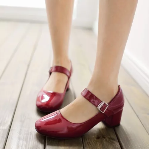 Women's Mary Jane Shoes Fashion Chunky Mid Heel Pumps Patent Leather Shoes Size - Picture 17 of 29