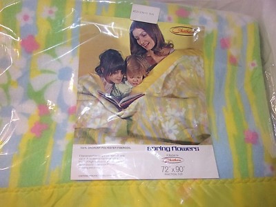 Chatham Twin Full Size Spring Flowers Vtg Blanket Nylon Binding Mod NOS 72 x 90