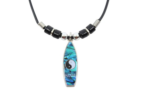 Yin & Yang Surfboard Necklace w Leather Cord - Paua Shell, Hawaiian Surfer Style - Afbeelding 1 van 5