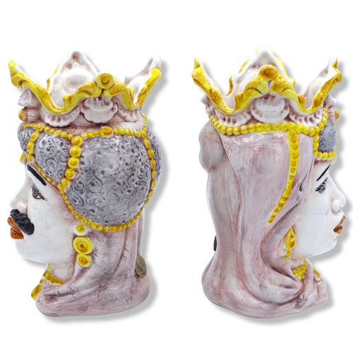 Couple Têtes De Moro en Céramique Caltagirone Avec Couronne Et Turban, H 18 CM - Photo 2 sur 9