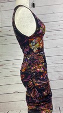 FUZZI Floral Print Mesh Bodycon Ruched Midi Dress Small Designer Italy Stretch
