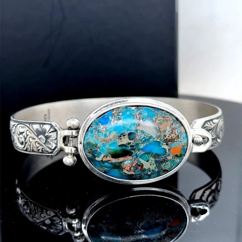 Silver Engraved Natural Turquoise Cuff Bracelet, Hand Engraved Turquoise Bangle - Image 2 of 4