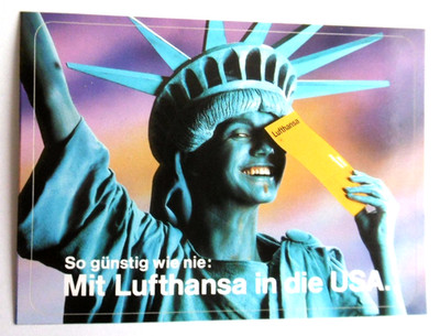 Werbe-Aufkleber Mit Lufthansa in die USA Freiheits-Statue Fluggesellschaft 80er