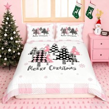 Merry Christmas Duvet Cover Set Full Size, Pink Plaid Xmas Trees Bedding Set ...