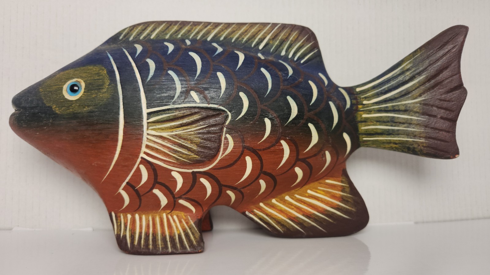 Hand-Carved Wooden Fish with Glass Eyes and Hand-Painted Details  