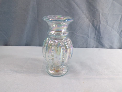 Fenton Light Blue Carnival Glass Small Beaded Melon Vase 4 1/4" Tall
