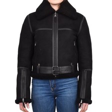 Women's Stylish Retro Sheepskin Flying Leather Jacket Short Black Dr228