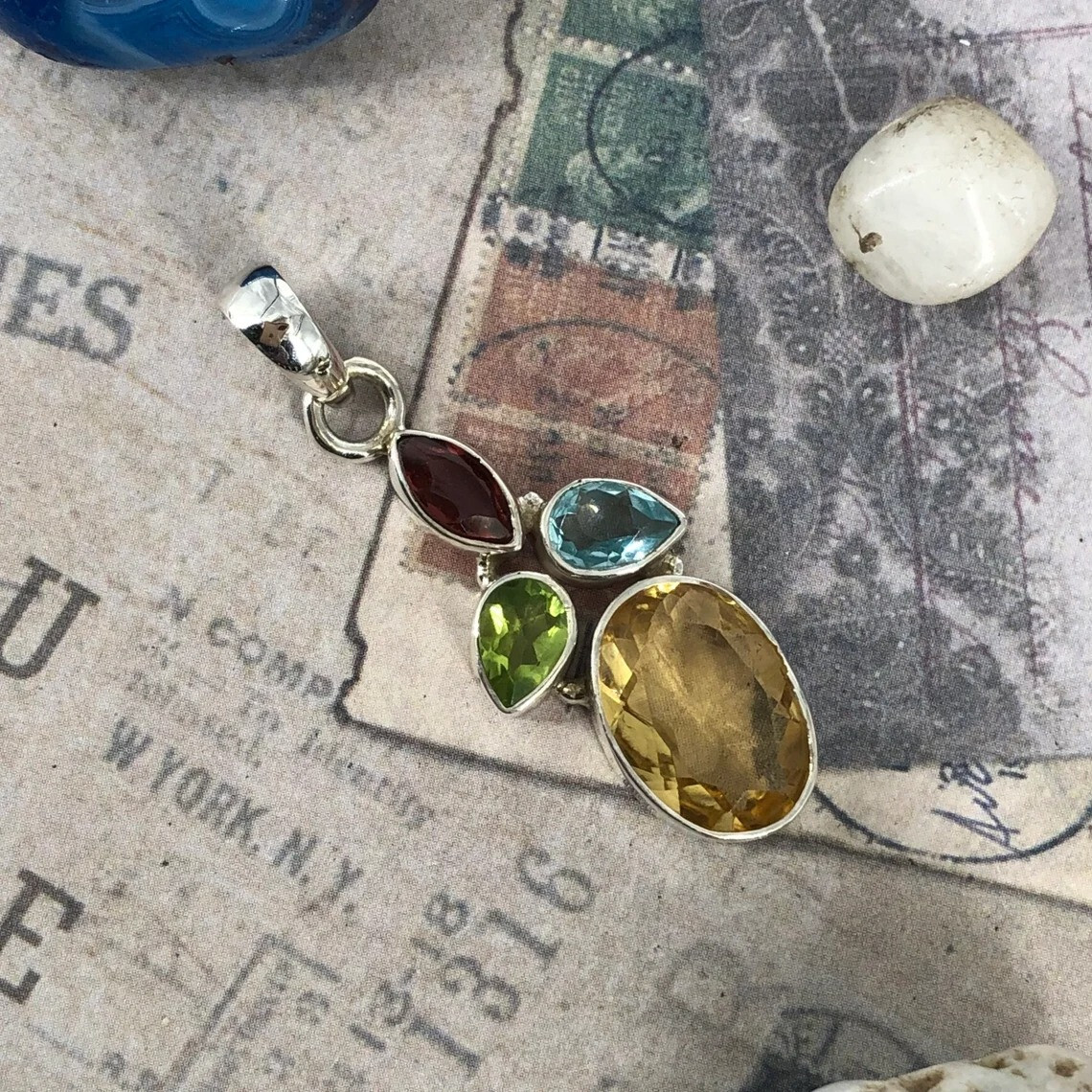 925 Sterling Silver Citrine, Garnet, Blue Topaz & Green Amethyst Gems Pendant.