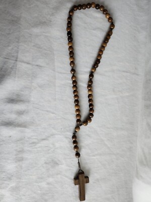 ROSARY Round Olive Wood Beads, Wooden Cross Prayer, Holy Land Easter Christ 13''