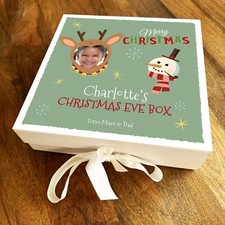 Merry Christmas Eve Box Reindeer Photo Snowman Green Personalised Gift Box