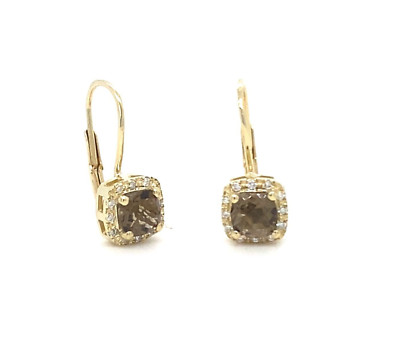Ohrring Kissenschliff natürlicher Rauchquarz und natürlicher Diamant 14 Karat Gelbgold