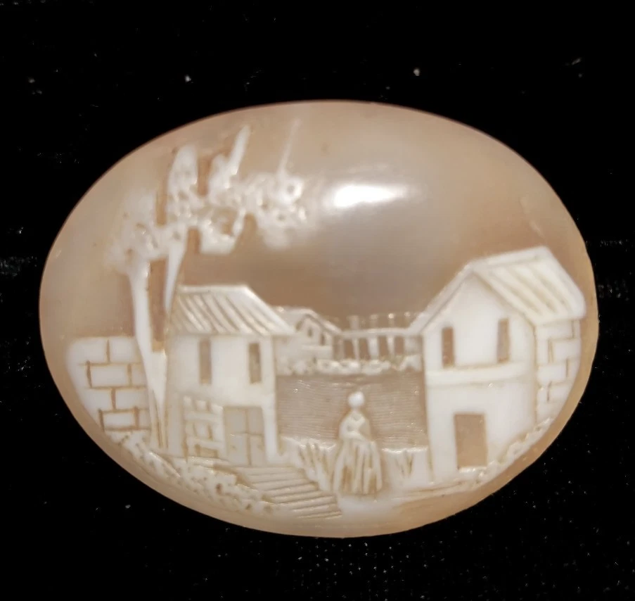 Antique Vintage Large Oval Shell Cameo Stone HOUSE Scene 1 5/8"" x 1 1/4"  #AA38