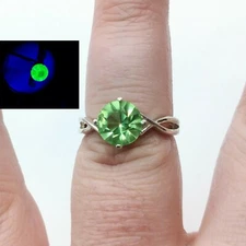 Sterling Uranium Glass Ring Stackable Round Cut Green Faceted 925 Solitaire
