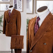 Men Suits Regular Fit Corduroy Notch Double Breasted Blazer Business Wedding