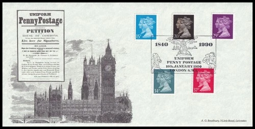1990 GB Penny Black Anniversary Bradbury FDC Uniform Penny Postage SW1 SHS