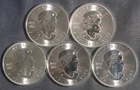 FIVE (5)  1 OZ .9999 SILVER  MAPLE LEAF COINS (2023)  LOT 170414