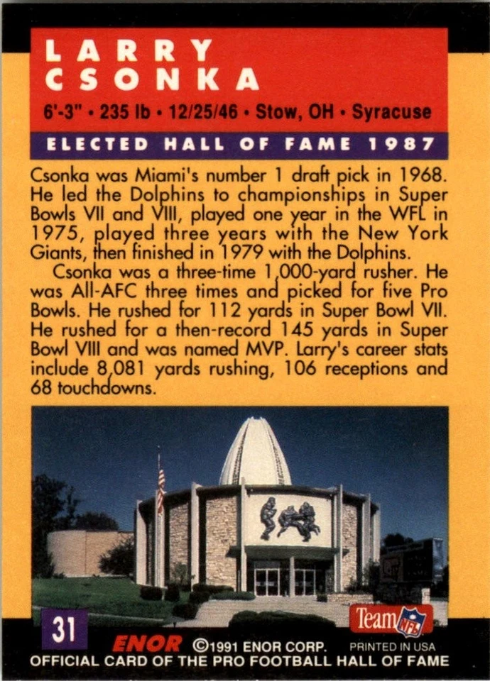 1991 ENOR Pro Football HOF #31 Larry Csonka Miami Dolphins - Image 2 of 2