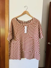 NWT Soft Surroundings Stripe Geometric Boxy Top Terra Cotta Beige Women’s Large