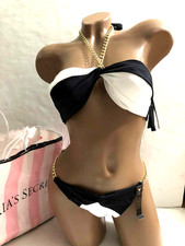 Victoria's Secret Swim Set Bikini Chain Halter Top Brazilian Black White NWT