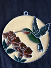 Vintage Hummingbird Flowers Suncatcher Faux Stained Glass Sparkly EUC