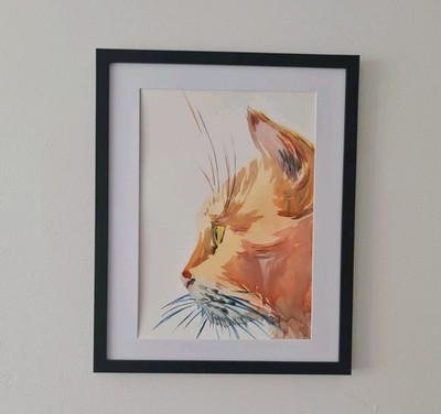 Original Aquarell Abstraktes Katzengemälde ''Abstrakte Ingwerkatze'' A3