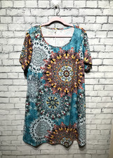 Women XXL, Blue Short Sleeve Floral Stretch Pullover Boho Causal T-Shirt Dress