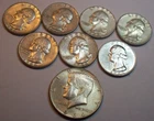 1964 P D 7 90% SILVER WASHINGTON QUARTER DOLLARS 1966 40% JFK HALF  LOT 8 COINS